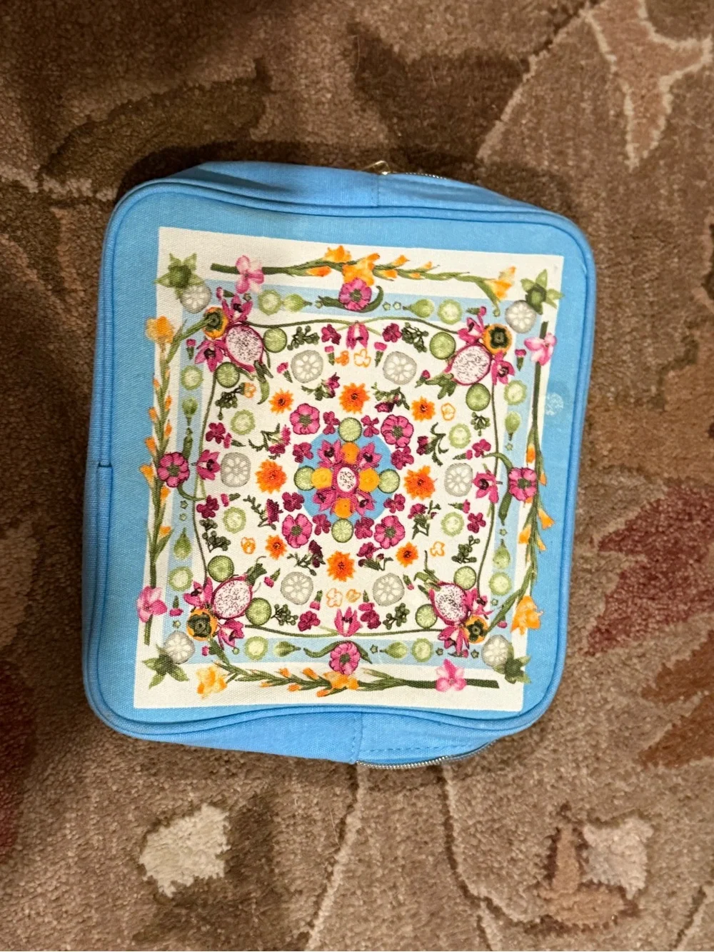Estee Lauder Blue Floral Embroidered Cosmetic Case